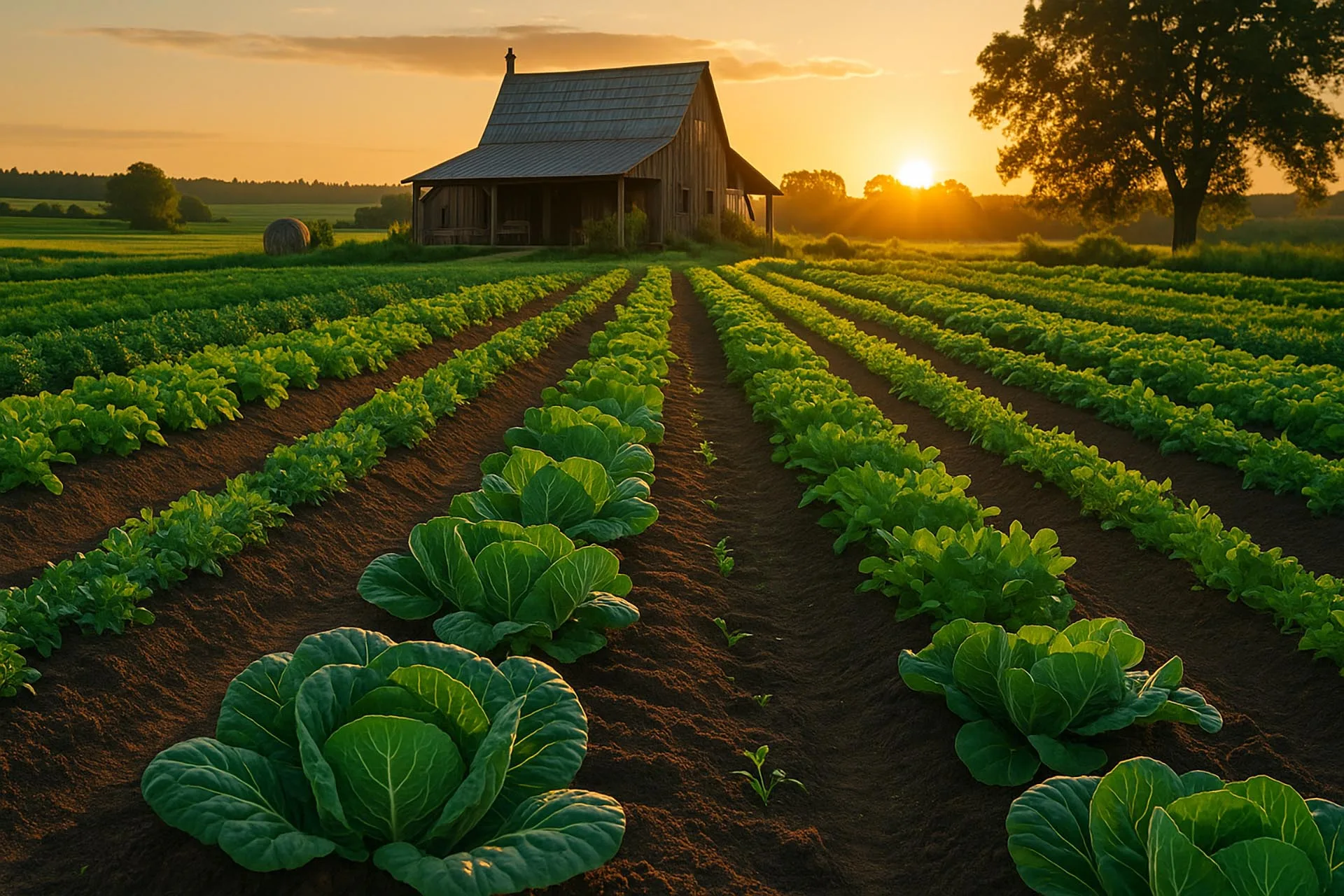 Exploitation agricole bio "Les trésors du Potager" vue de loin au couché de soleil avec les cultures autour de la maison et des champs.