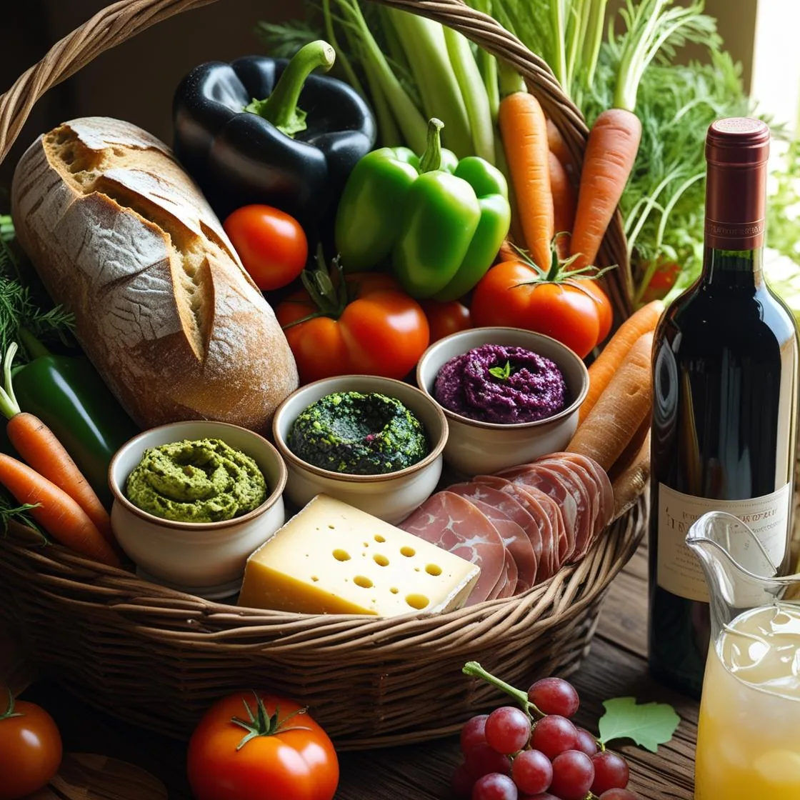 Paniers garnis du déjeuner sur l'herbe avec des tomates, concombre, poivrons, pain, fromages, charcuterie, citronnade, vin rouge et petites tartinades maison