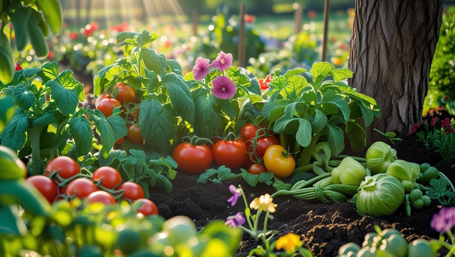 Potager au printemps avec des belles tomates rouges et jaunes, de la salade, des courgettes et autres légumes avec le soleil qui tape dessus