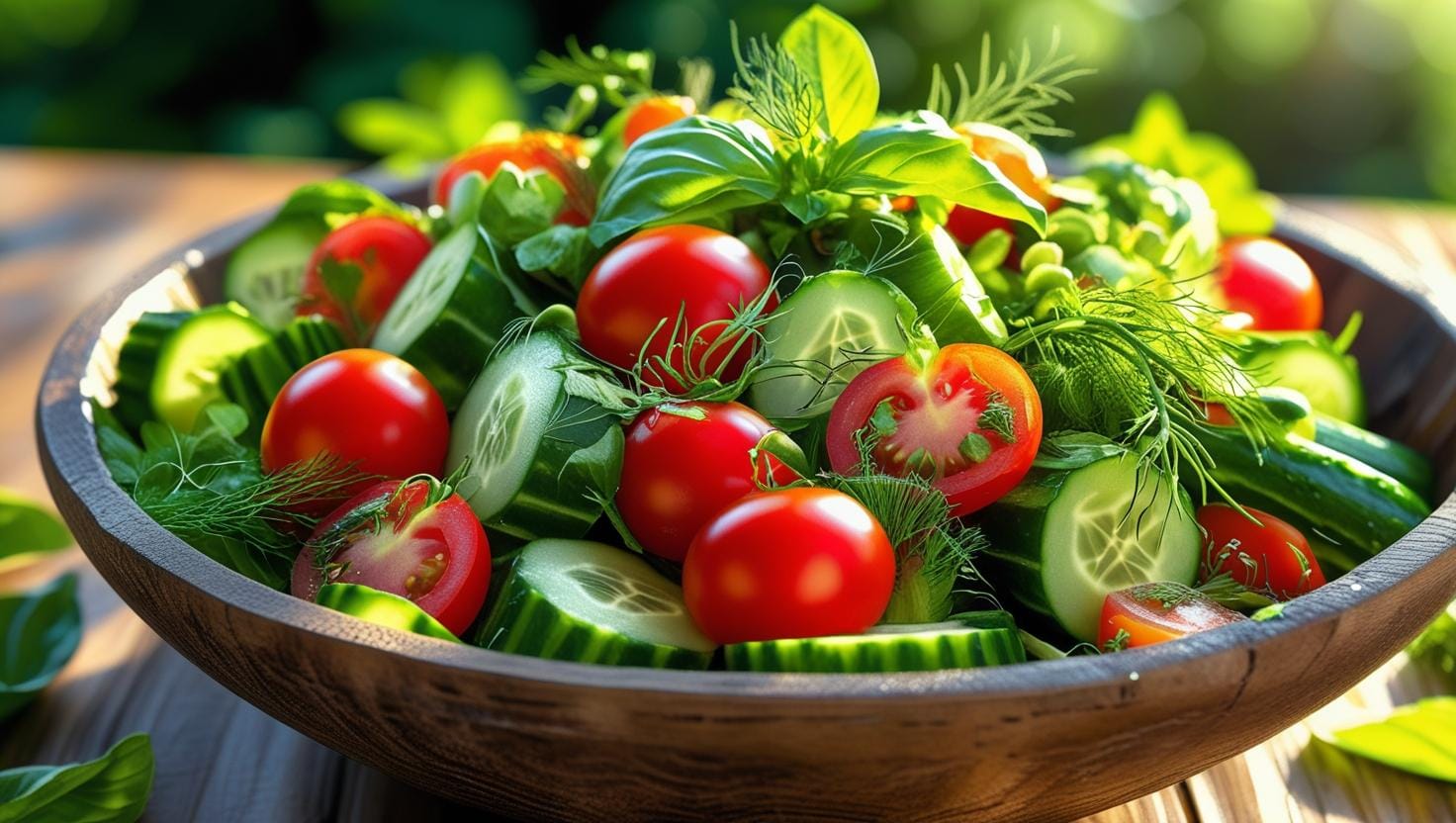 Salade de légumes d'été avec des tomates, des concombres, des herbes aromatiques dans une assiette