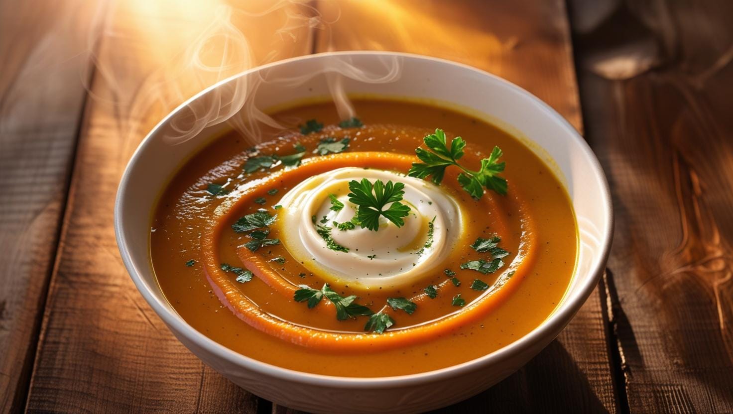 Soupe de potiron et carottes dans une assiette avec pointe de crème fraiche dessus et persil