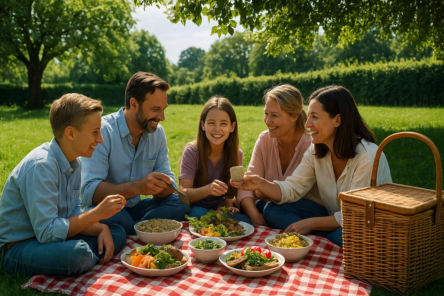 Déjeuner sur l'herbe familial avec Antoine Déjeuner sur l'herbe familial avec un homme, une femme, la grand mère et 3 enfants en train de rire, et de grignoter