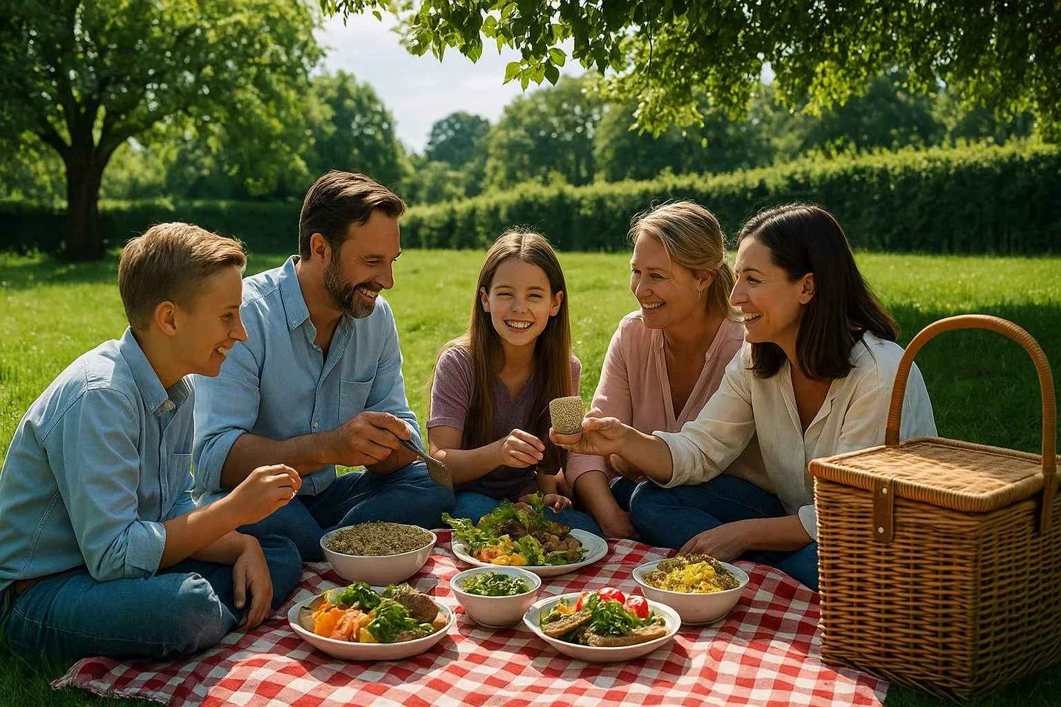Déjeuner sur l'herbe familial avec un homme, une femme, la grand mère et 3 enfants en train de rire, et de grignoter