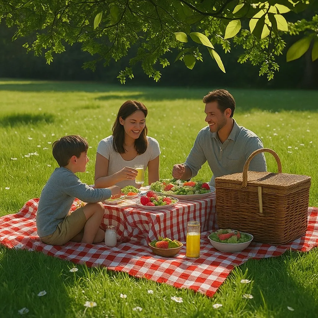 Déjeuner sur l'herbe à la campagne avec une famille femme, mari et enfant en train de pique niquer sur une nappe à carreaux rouge sous un arbre